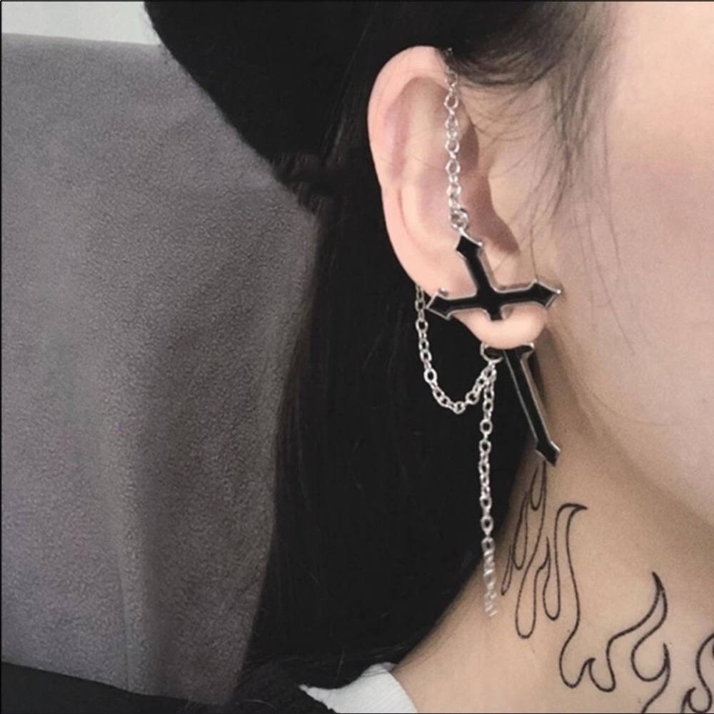 Unique Black cross stud long chain earrings NWT